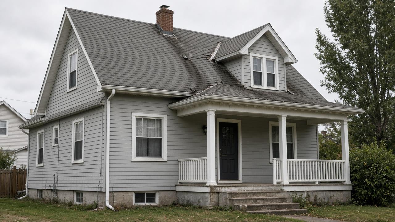 Older house with worn gray asphalt shingles and a tired ridge