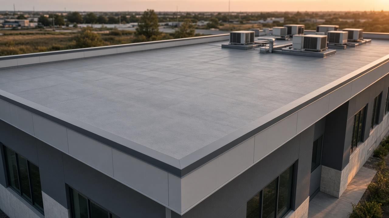 Low-slope commercial roof with rooftop air-conditioning units at sunset