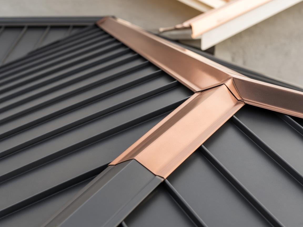 Copper ridge detail on a standing-seam metal roof